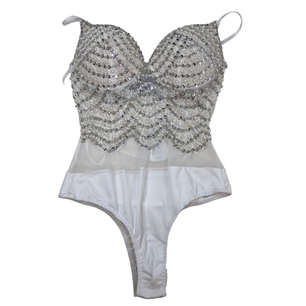 Y2K Windsor White Rhinestone Pearl Beaded Embellished Bodysuit XS - NWT - Picture 5 of 7